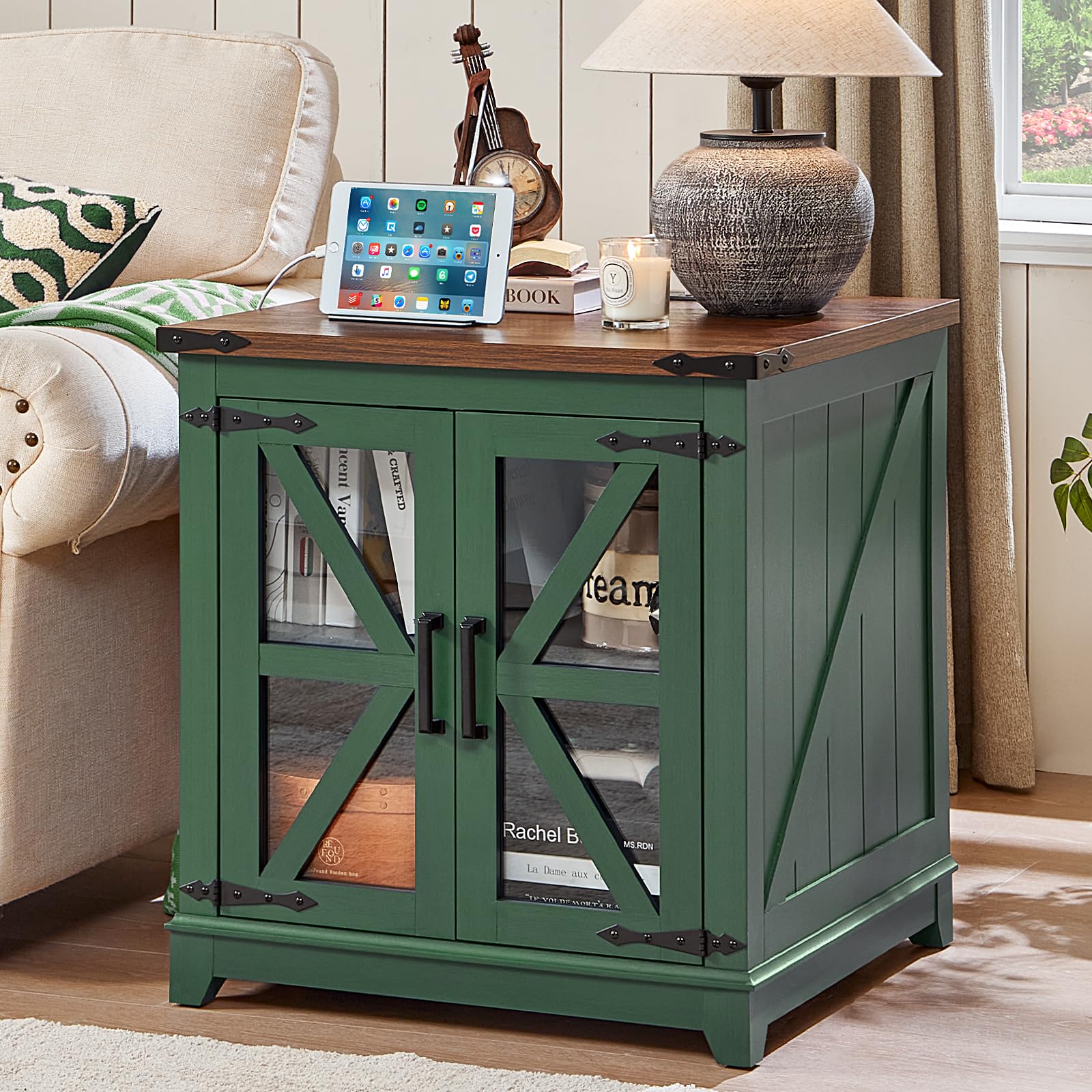 Farmhouse end table in green with wood top and glass barn doors with X-style braces