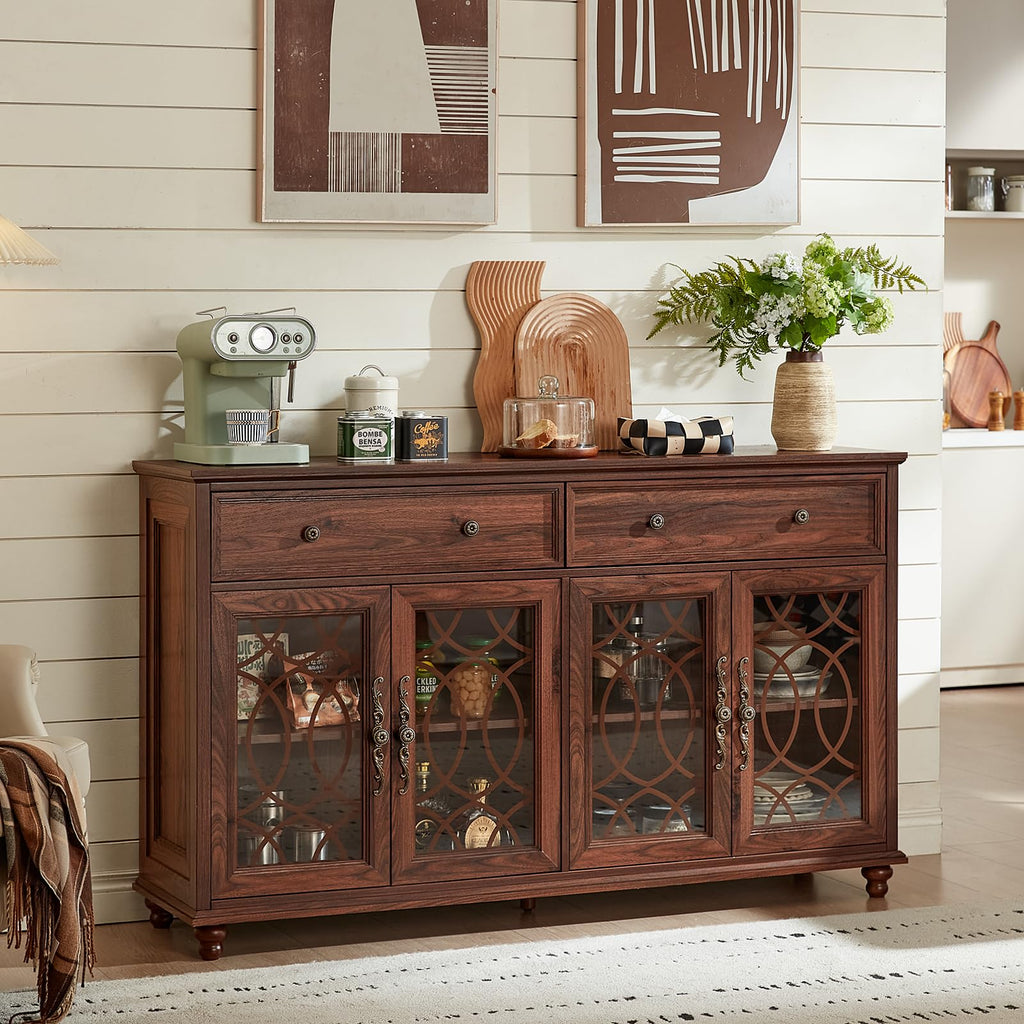 Brown wood sideboard buffet cabinet with four glass doors, two drawers, and knob pulls