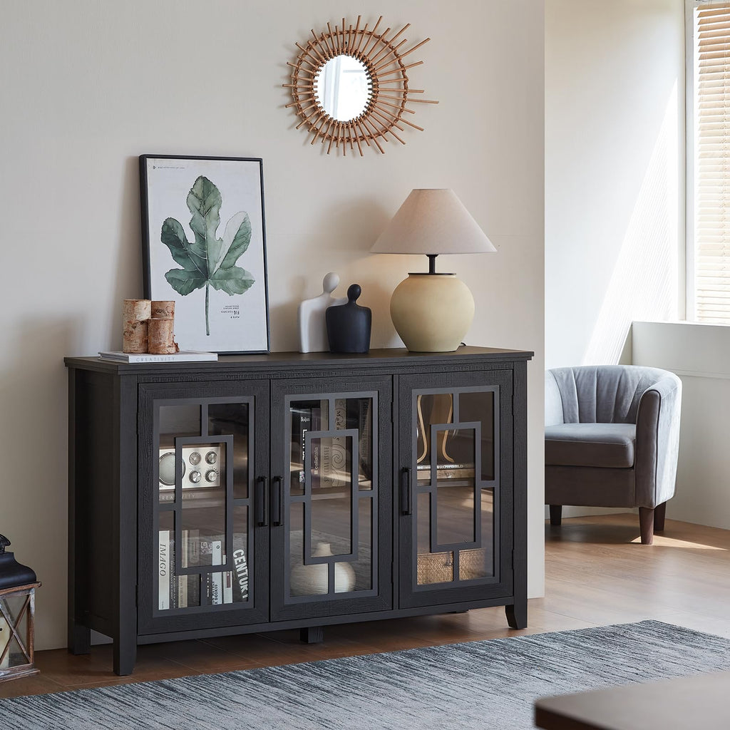 Sideboard cabinet with dark gray-blue finish, glass door panels, and open shelving
