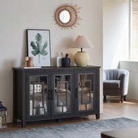 Dark blue sideboard cabinet with double glass doors and open shelving for dishes