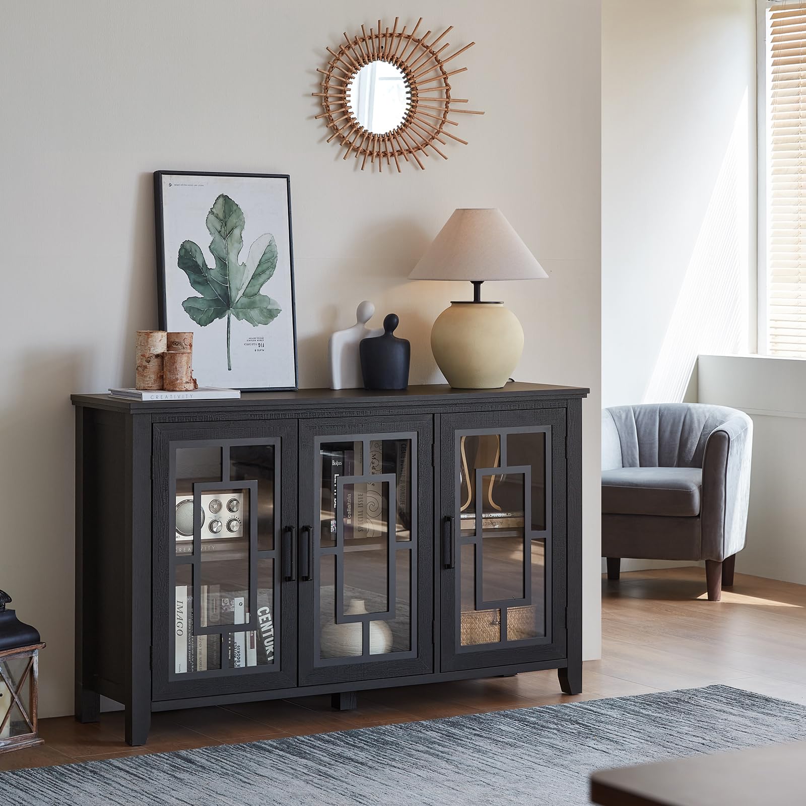 Sideboard cabinet with dark gray-blue finish, glass door panels, and open shelving