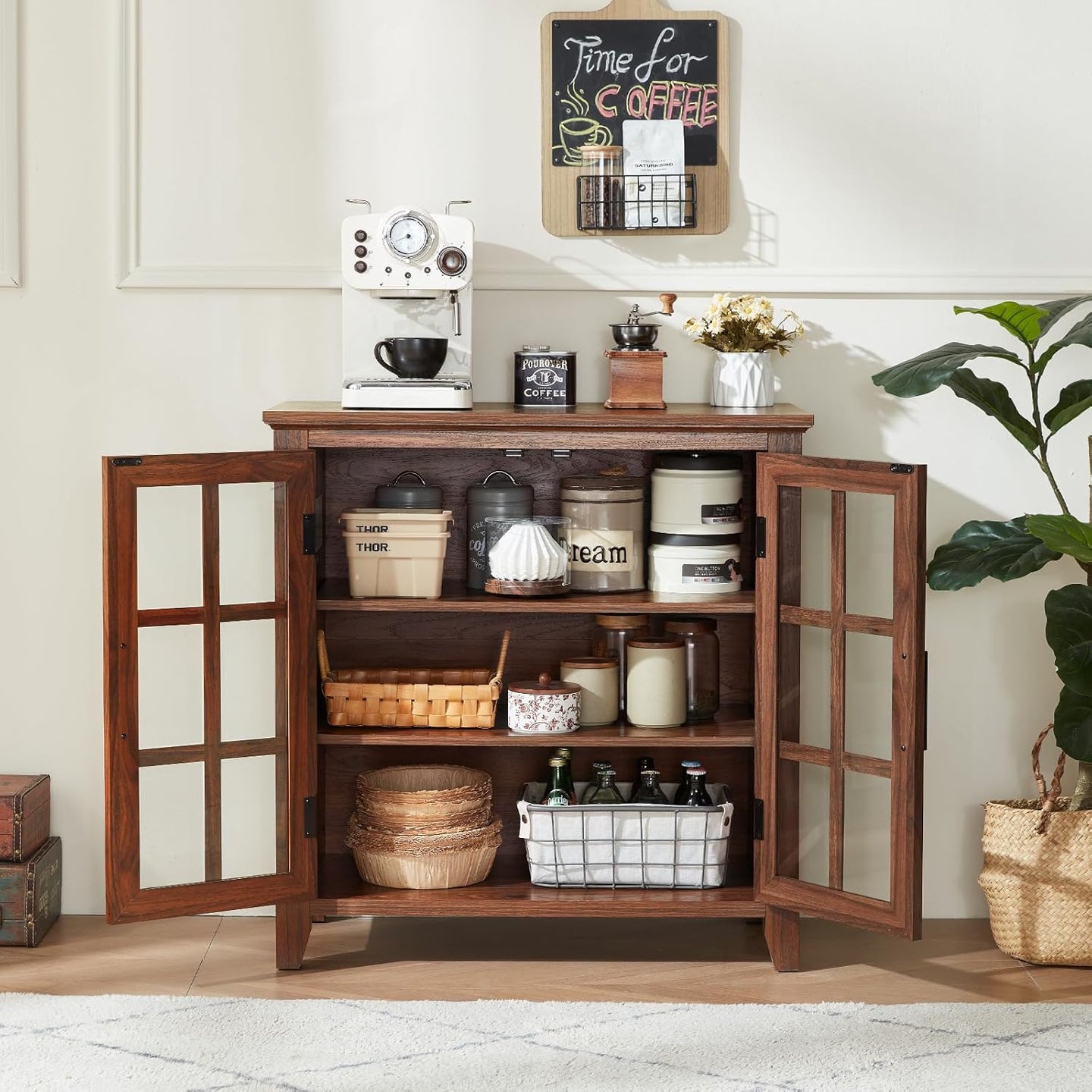 Brown sideboard buffet cabinet with open cabinet doors and interior storage shelves