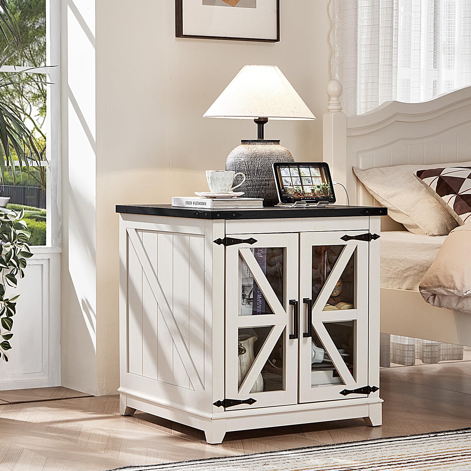 White end table with lift-top opening and X-style support frame