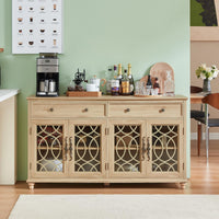 Light natural wood farmhouse sideboard buffet cabinet with four glass-door compartments
