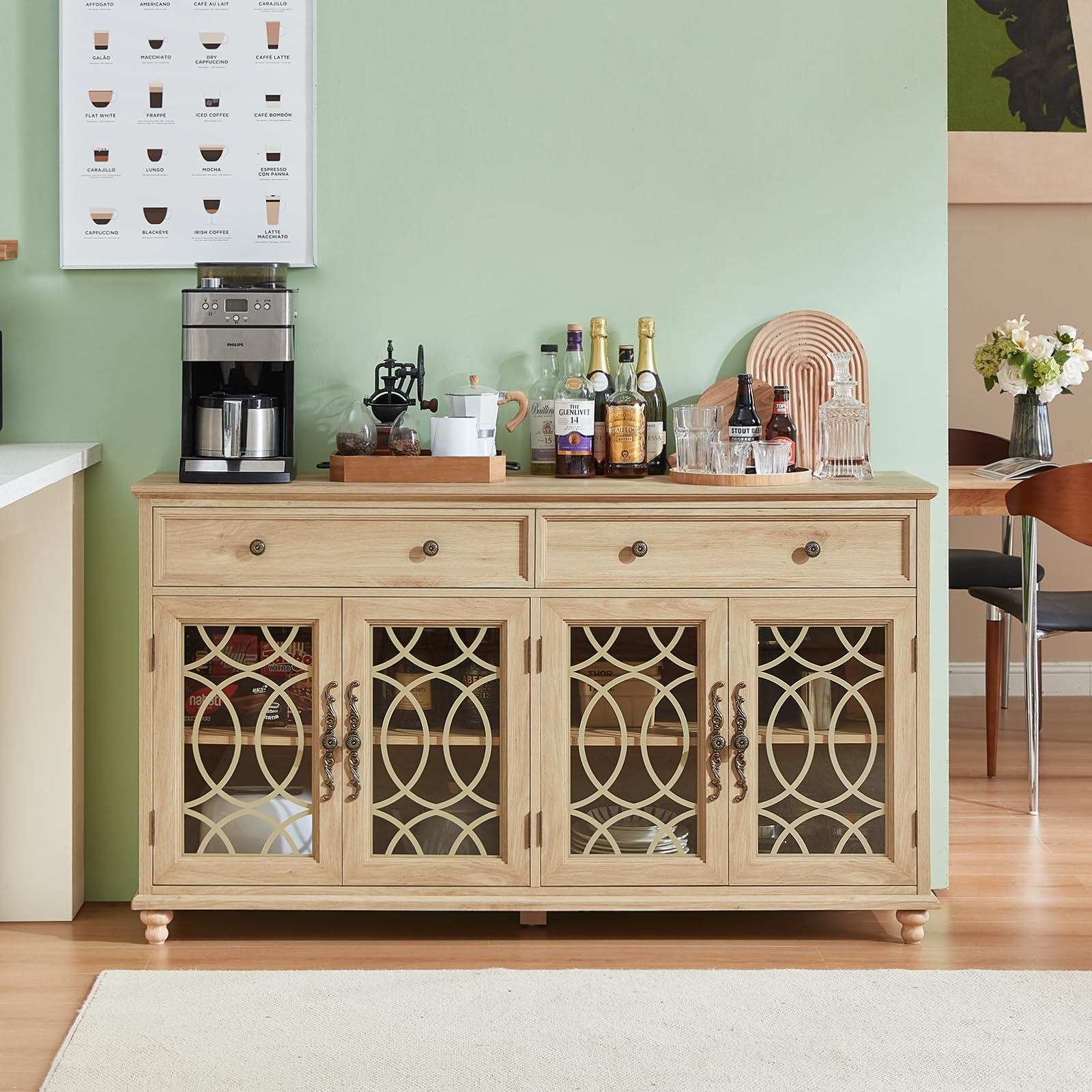 Light wood farmhouse sideboard cabinet with 2 drawers and 4 glass doors, lattice panels