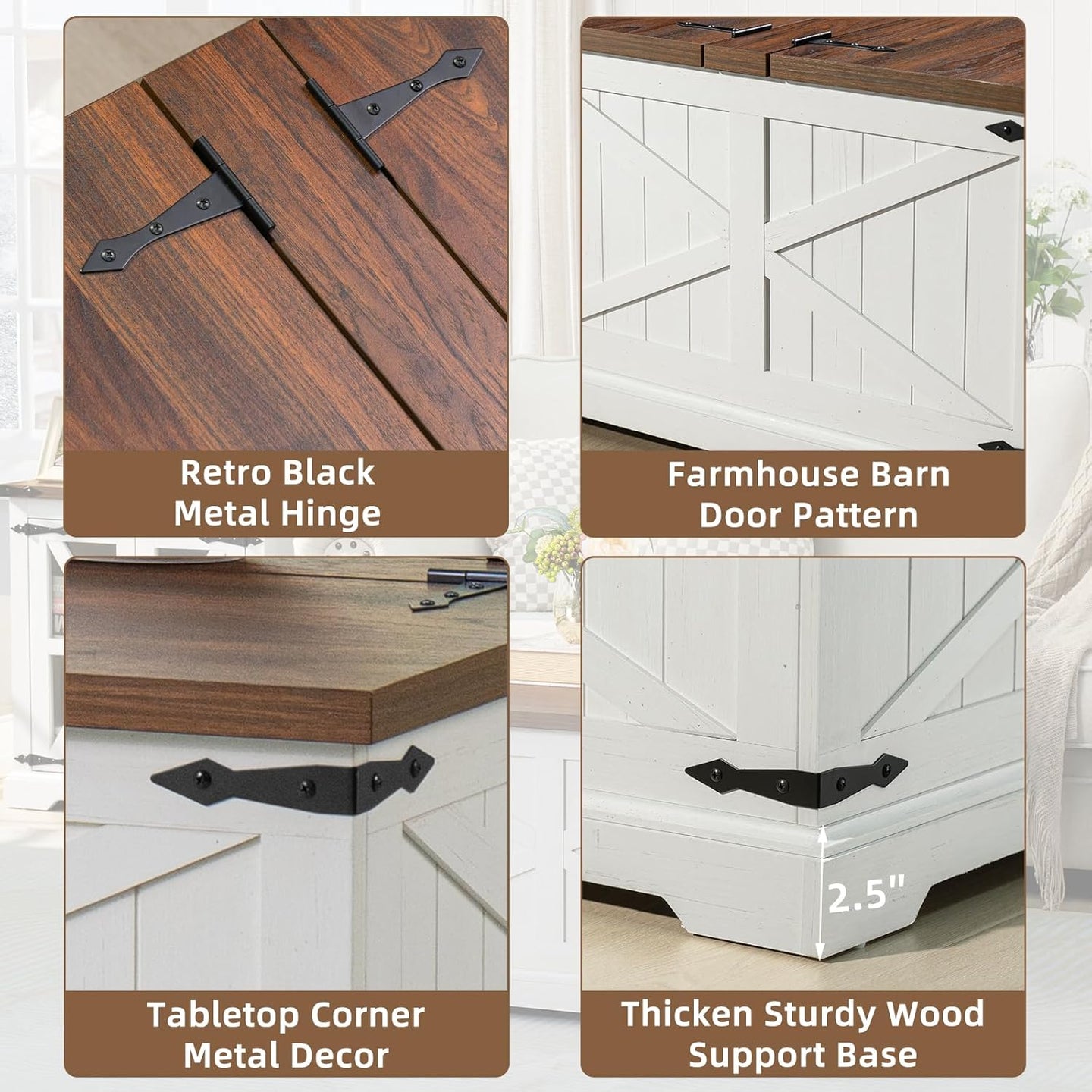 Farmhouse coffee table details: brown tabletop, black metal hinge, and white barn door pattern
