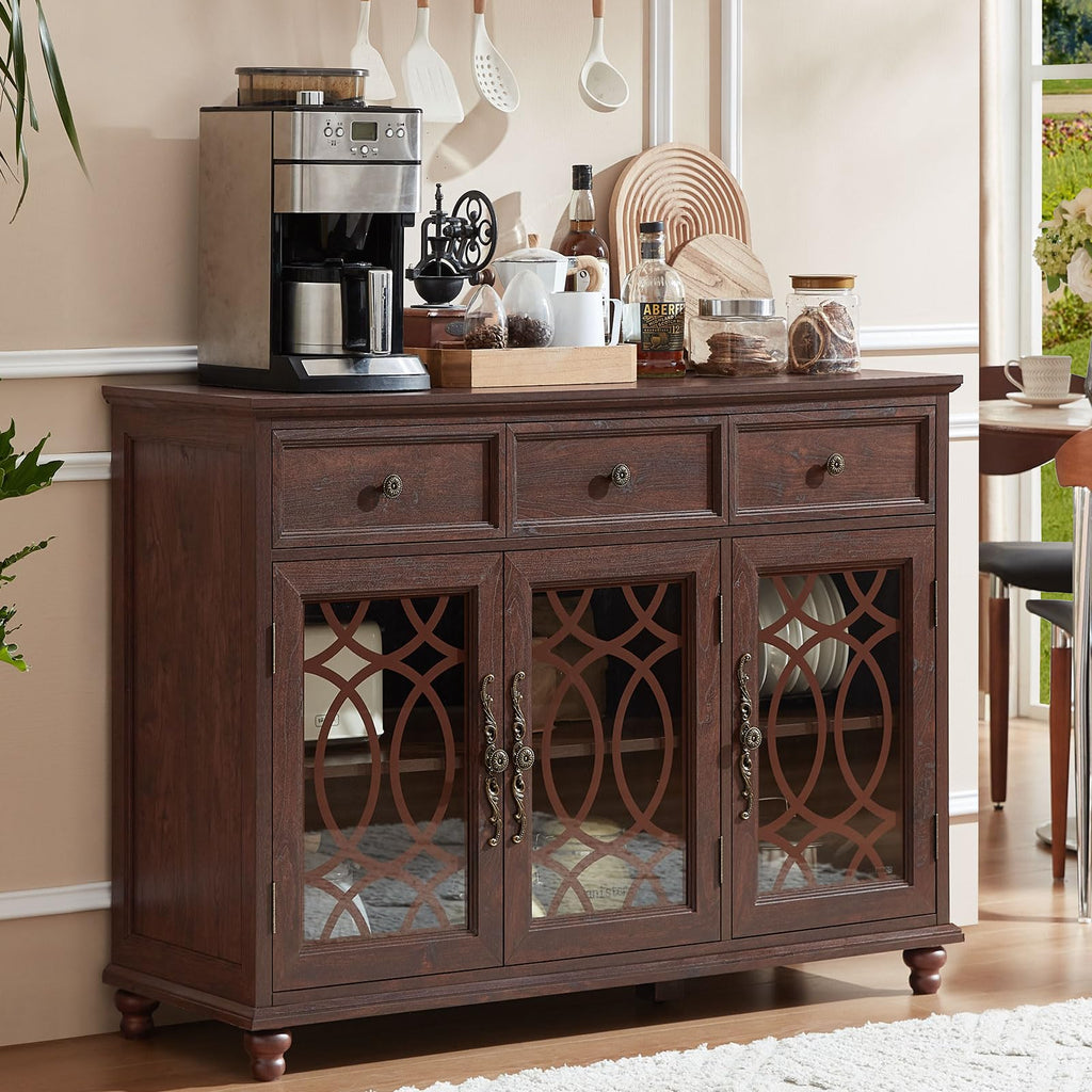 Dark brown farmhouse sideboard cabinet with 2 drawers and 3 glass doors, lattice panels