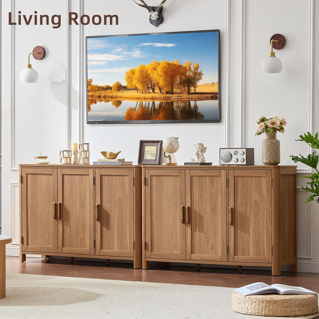Wooden sideboard cabinet with multiple doors and long dark handles