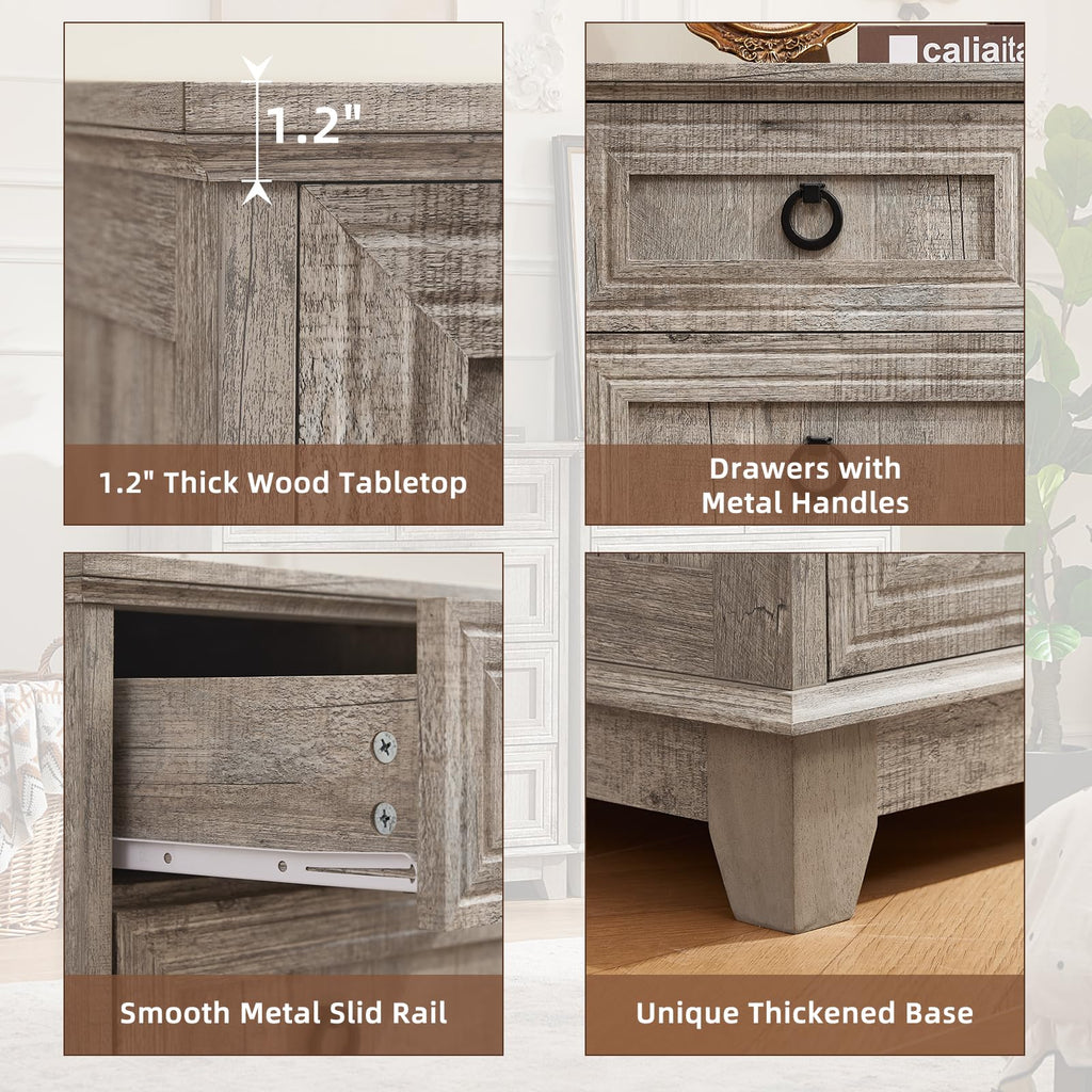 Gray 5-drawer dresser showing metal handles, thick wood top, and sturdy base