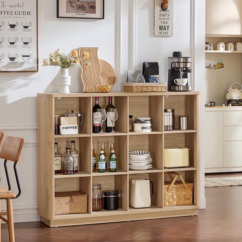 Natural oak cube storage bookcase with open cubbies, curved-edge top
