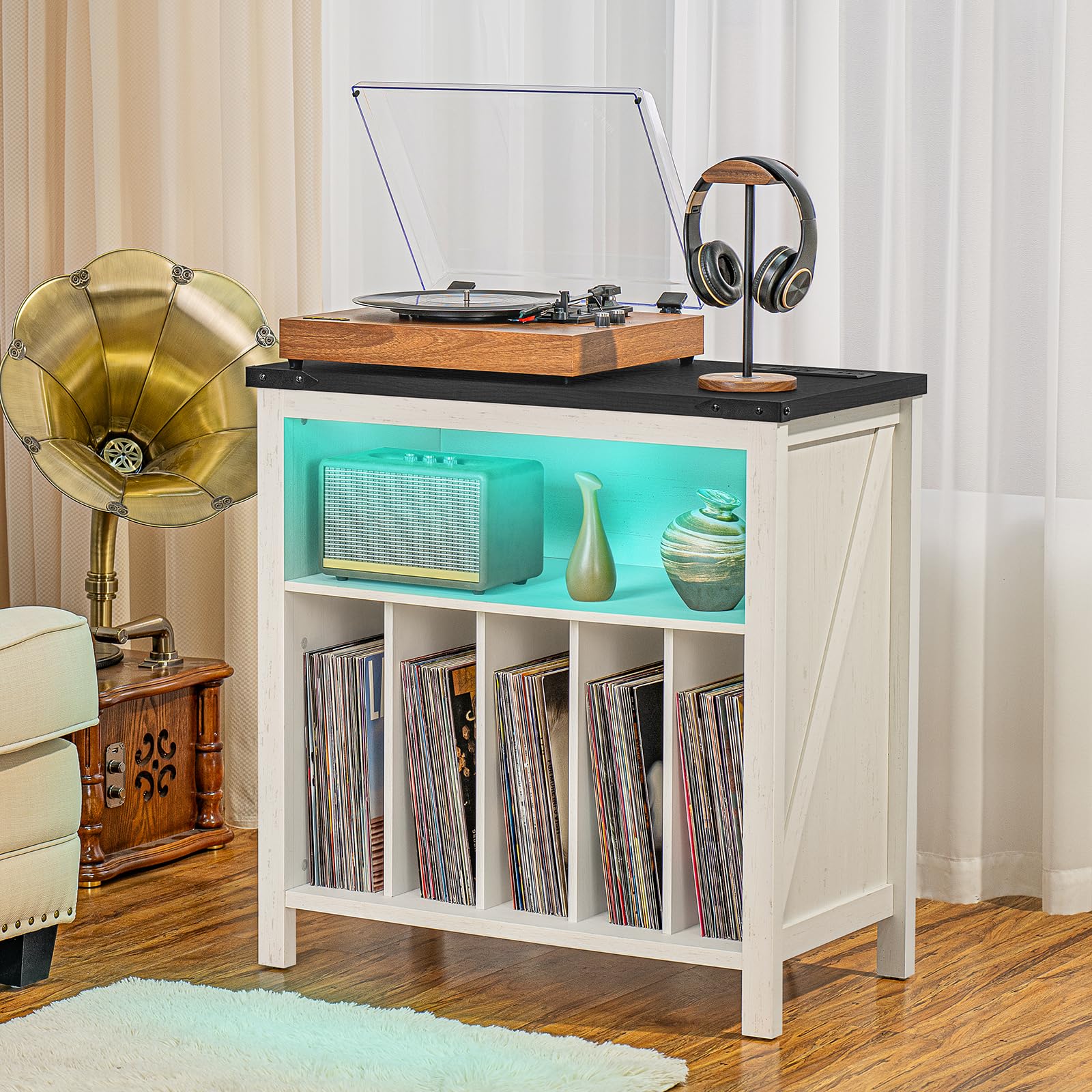 White record player stand cabinet with brown top and teal LED-lit shelf storage