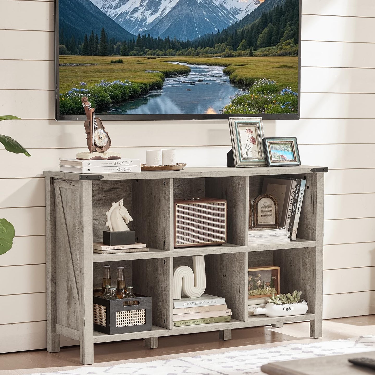 Light oak farmhouse bookcase with open cubbies for books and small decor items