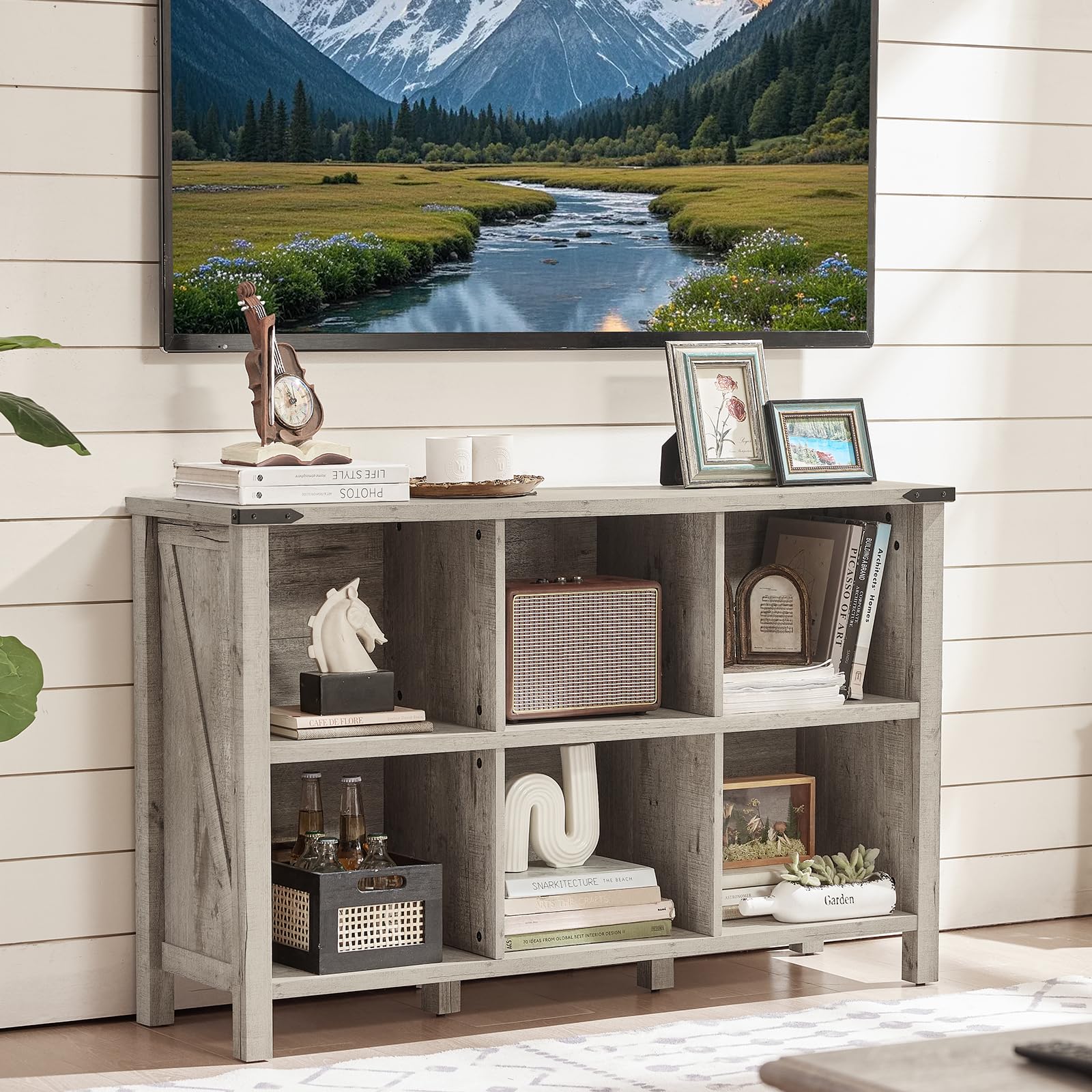 Light oak farmhouse bookcase with open cubbies for books and small decor items