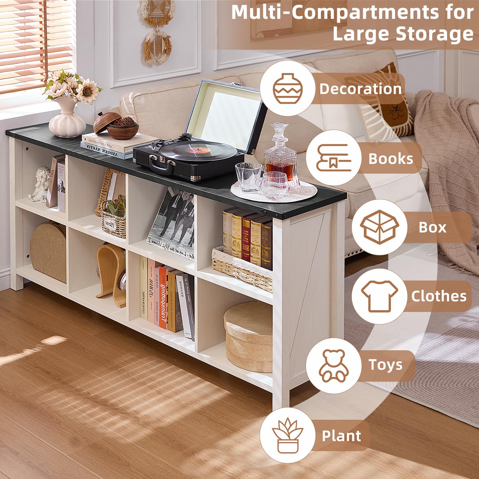 White console bookcase with open storage cubbies and long black tabletop for items