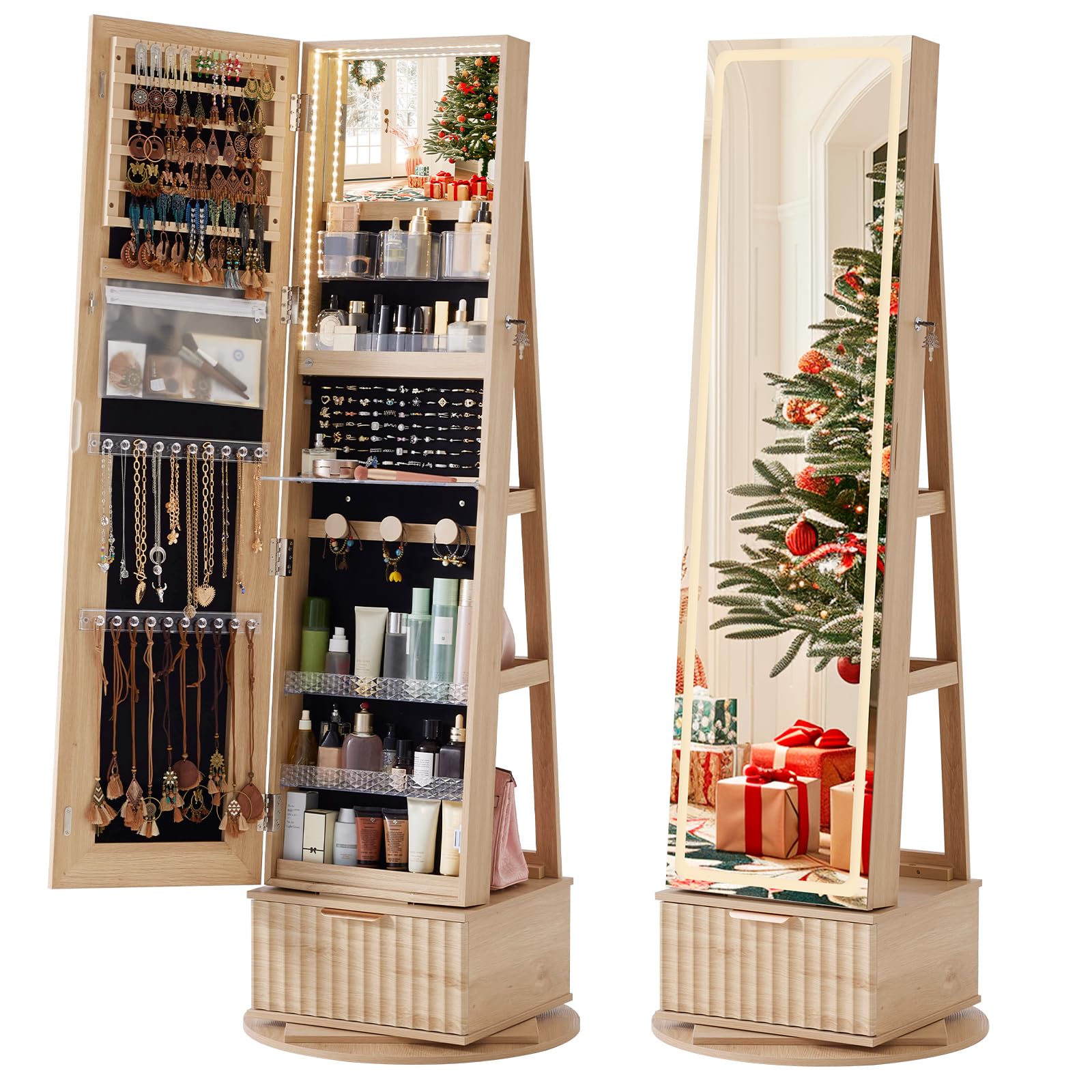 Natural wood fluted jewelry armoire cabinet with full-length swivel mirror and open shelves
