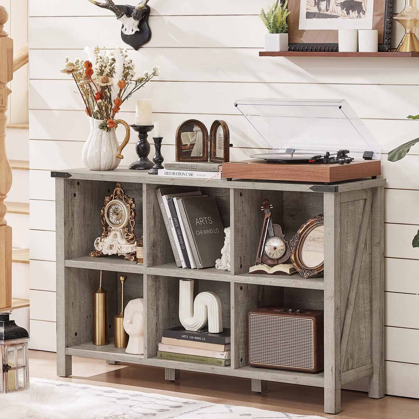Grey farmhouse console bookcase with open shelves and side cabinet compartments