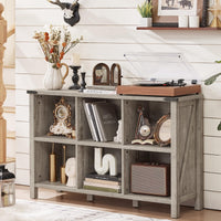 Grey farmhouse console bookcase with open shelves and side cabinet compartments