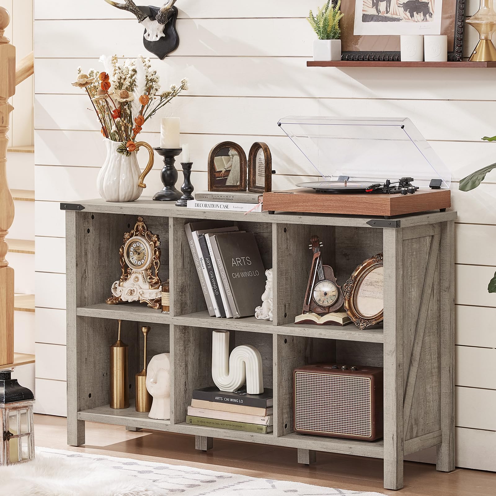 Grey farmhouse console bookcase with open shelves and side cabinet compartments