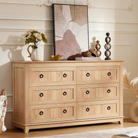 Light wood 6-drawer dresser with black knobs and rectangular paneled drawer fronts