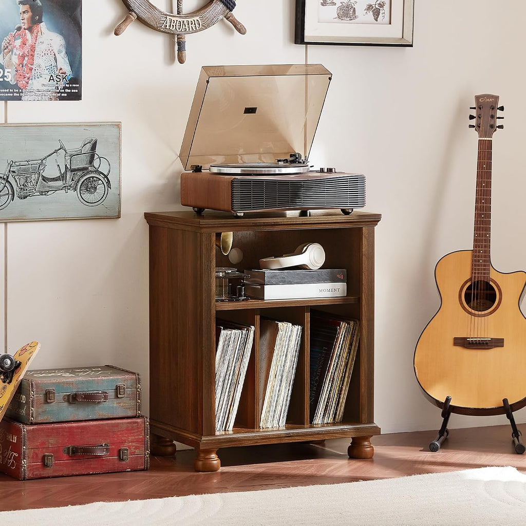 Brown wood record player stand with open lid turntable and front vinyl record storage shelves