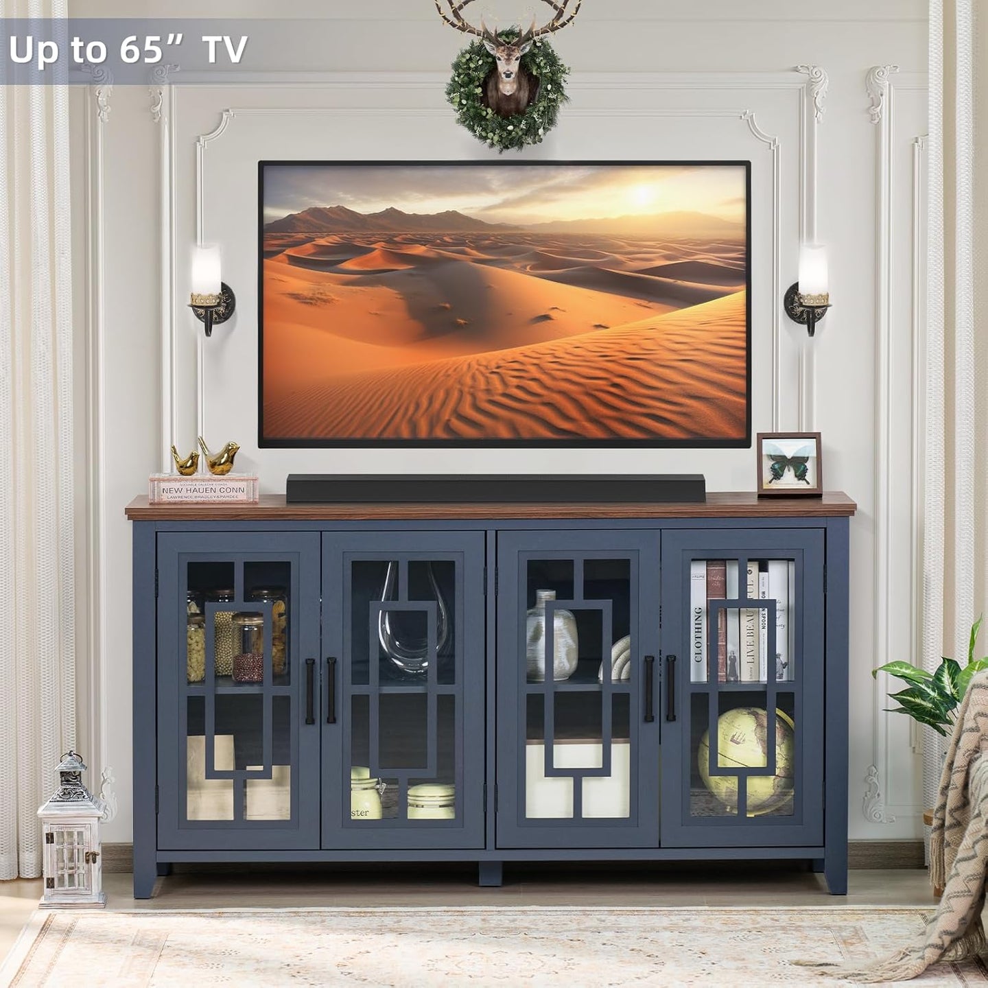 Wood sideboard cabinet with blue finish, two glass doors, and side shelves