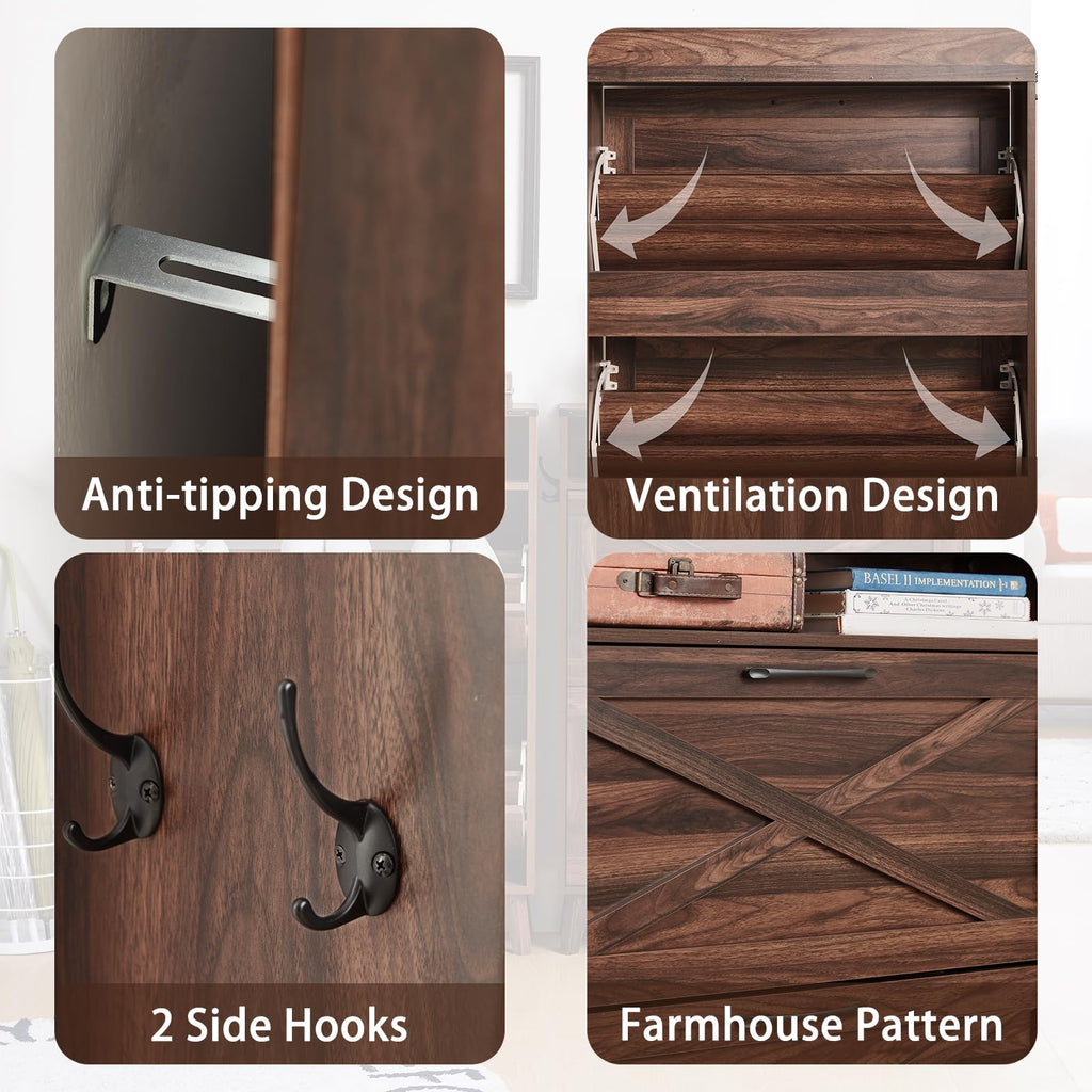 Shoe storage cabinet detail view of side hooks and ventilated flip drawer slots