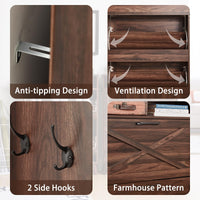 Brown shoe cabinet details: side hooks and ventilation openings behind flip drawers