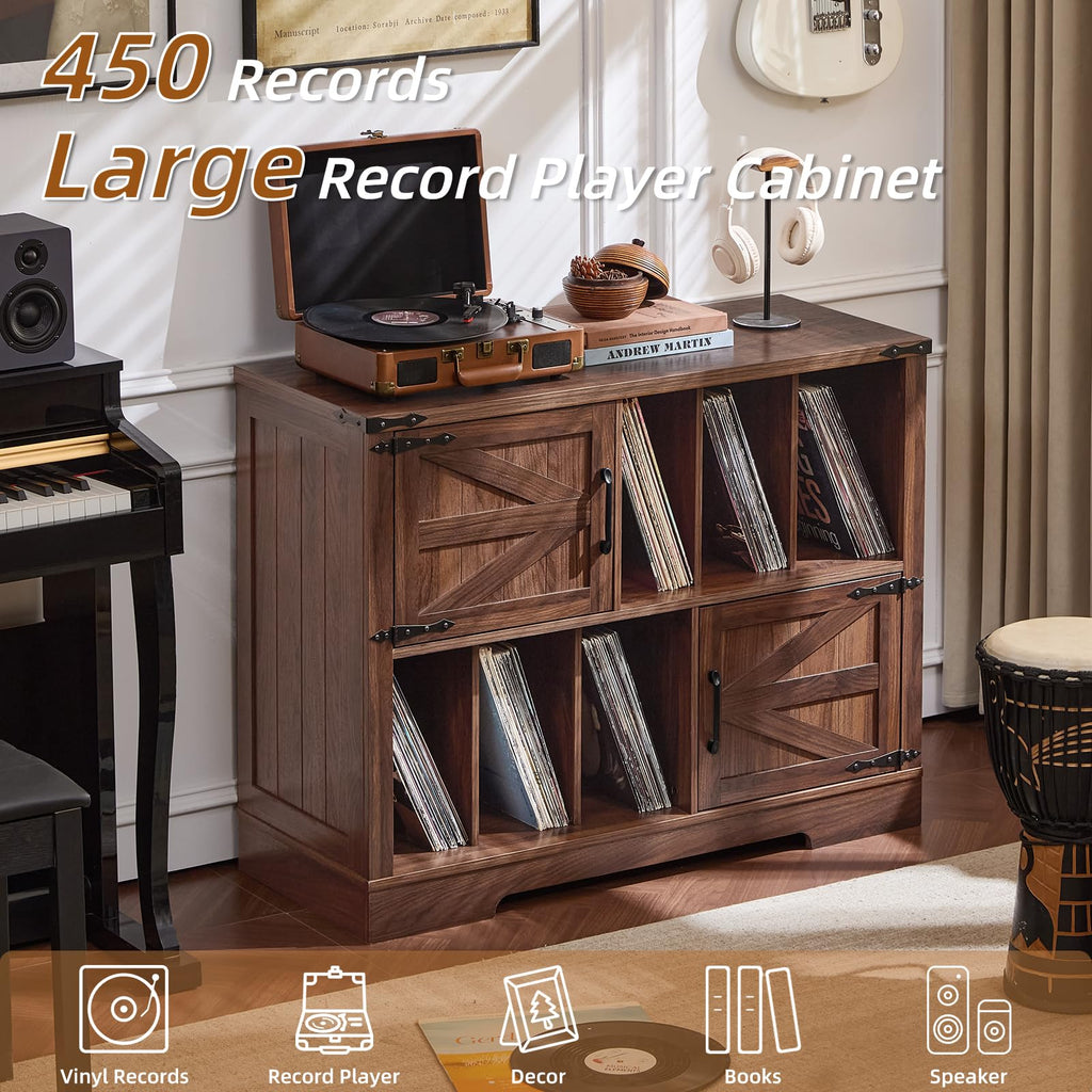 Record player cabinet with turntable on top and vinyl record shelves behind barn doors.