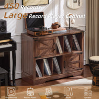 Brown record player cabinet with vinyl storage shelves and barn-style door panels