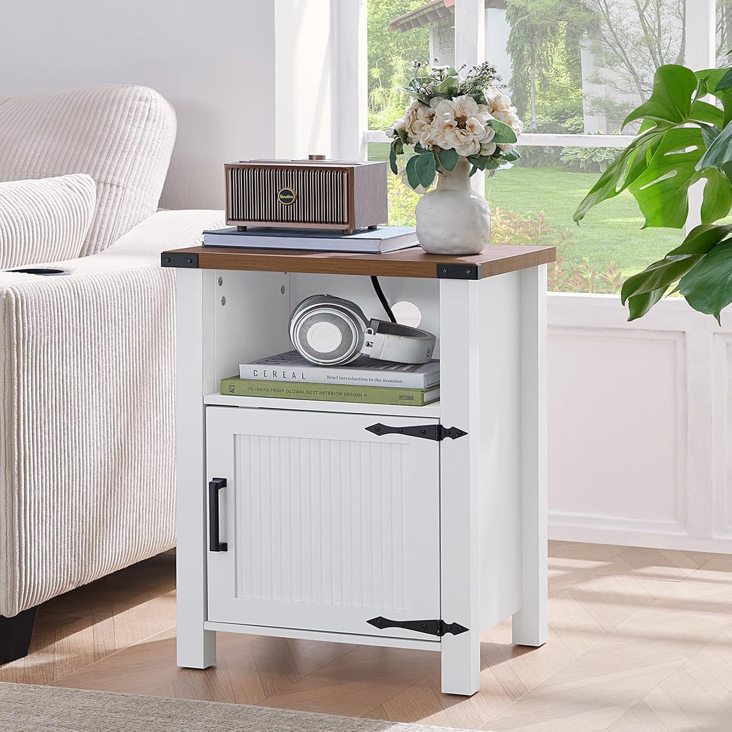 Joaxswe 18-Inch Nightstand with Charging Station and Fluted Door,Dark Blue | 18-inch bedside table with AC and USB charging, open storage and a magnetic fluted door for bedroom essentials