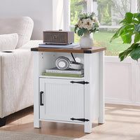 Joaxswe 18-Inch Nightstand with Charging Station and Fluted Door,Dark Blue | 18-inch bedside table with AC and USB charging, open storage and a magnetic fluted door for bedroom essentials
