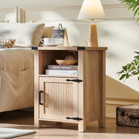 Joaxswe 18-Inch Nightstand with Charging Station and Fluted Door,Dark Blue | 18-inch bedside table with AC and USB charging, open storage and a magnetic fluted door for bedroom essentials