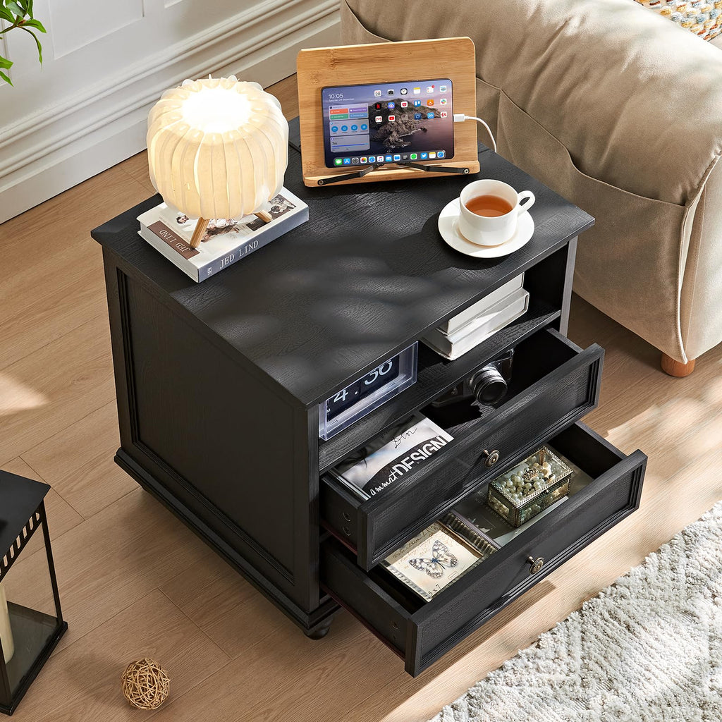 Black 2-drawer dresser with open storage drawer and thick tabletop