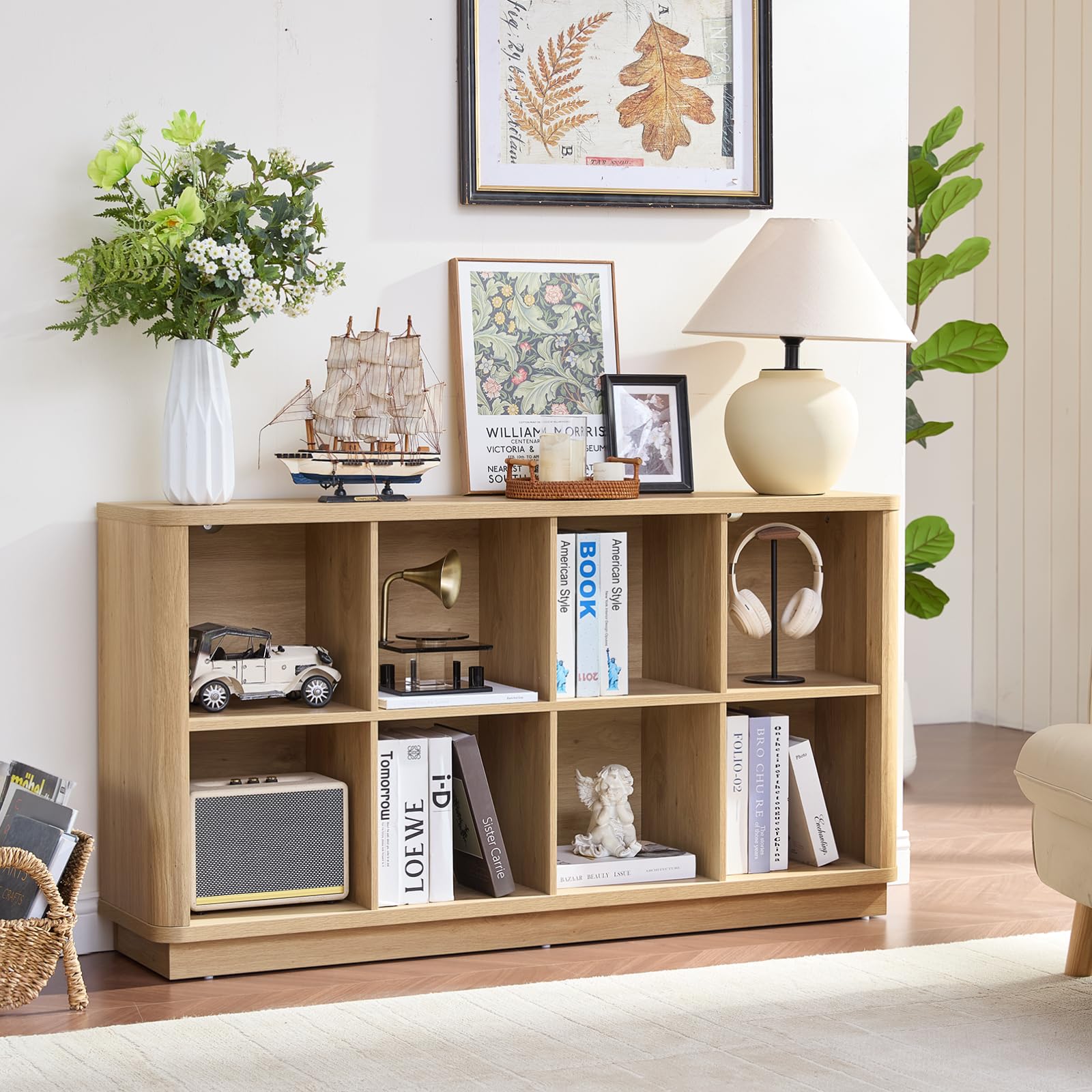 Natural oak horizontal cube storage book shelf with open cubbies and curved top edge