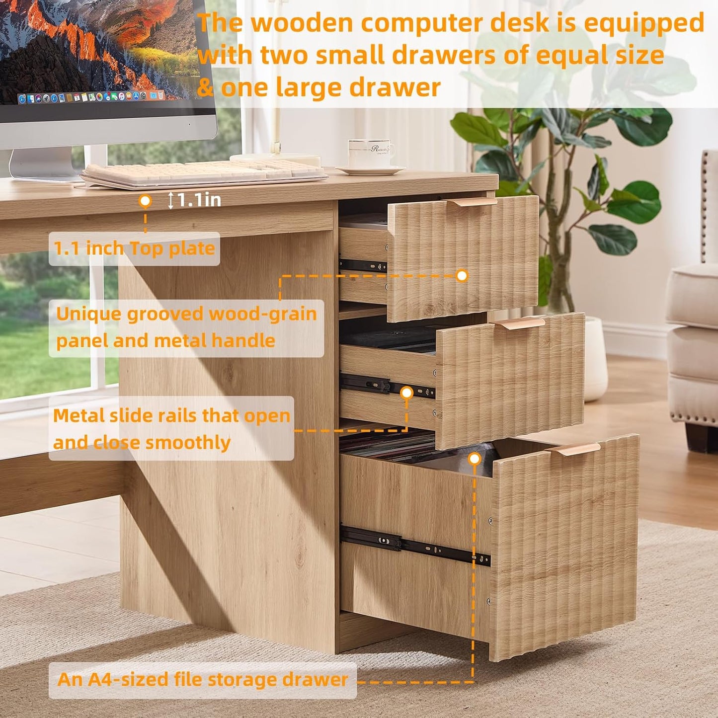 Wood executive desk with fluted drawer cabinet and two small drawers plus one large drawer