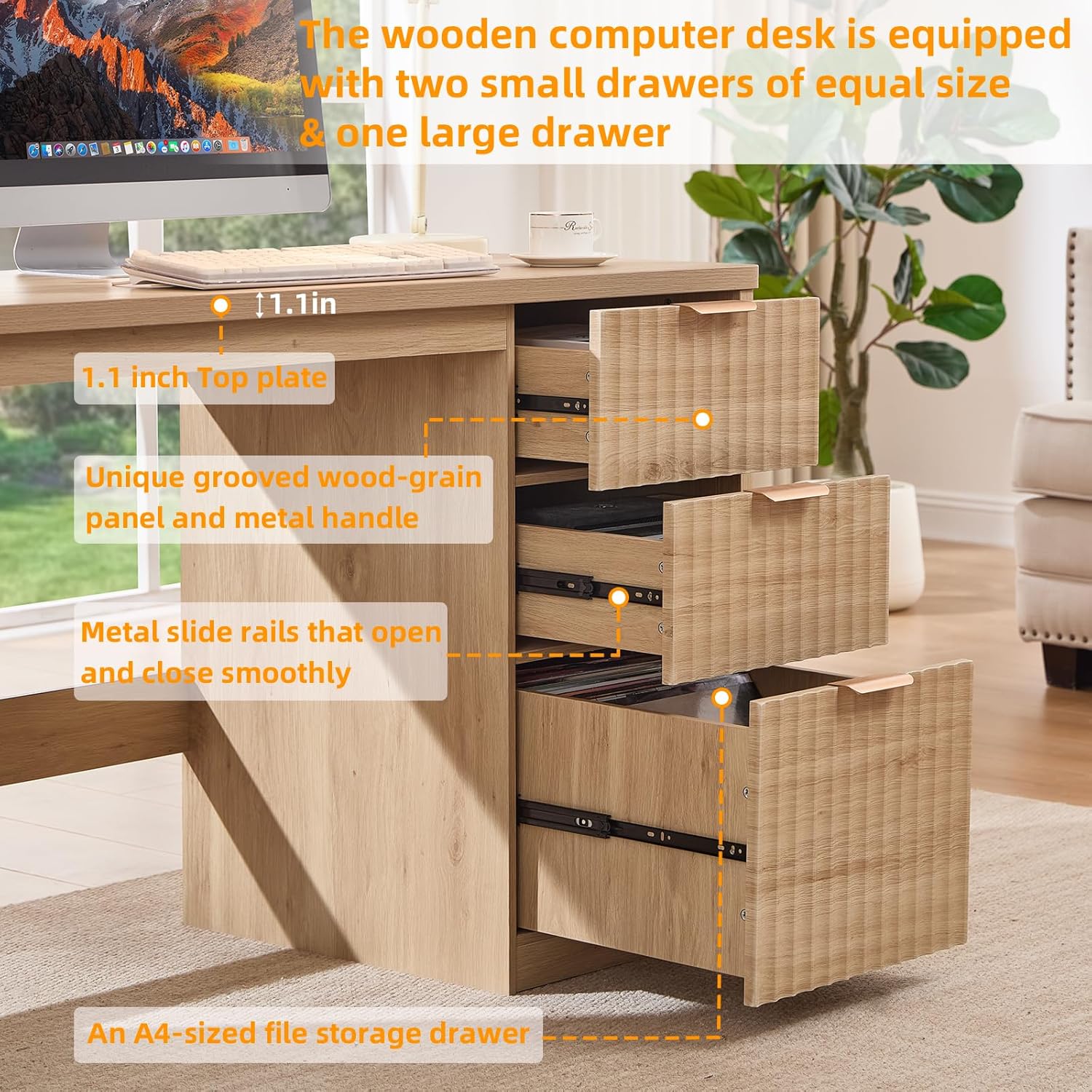 48" Modern Fluted Executive Desk with Storage Cabinet, Natural Wood Home Office Desk with File Drawer & Metal Handles, Large Computer Writing Table for Office,Study, Living Room, Bedroom