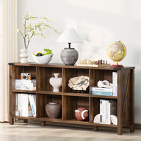 Brown wood farmhouse bookcase with open cubbies, display shelves, and four legs for books and decor