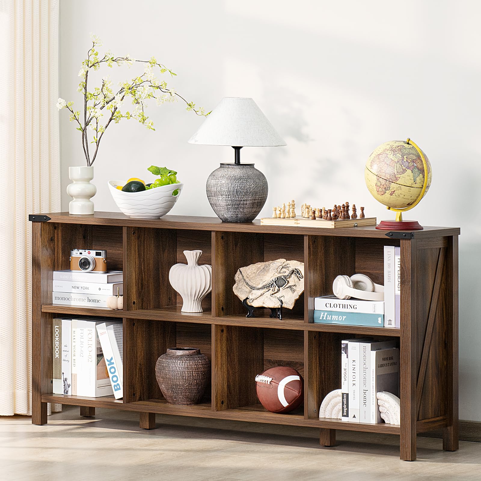 Brown wood farmhouse bookcase with open cubbies, display shelves, and four legs for books and decor