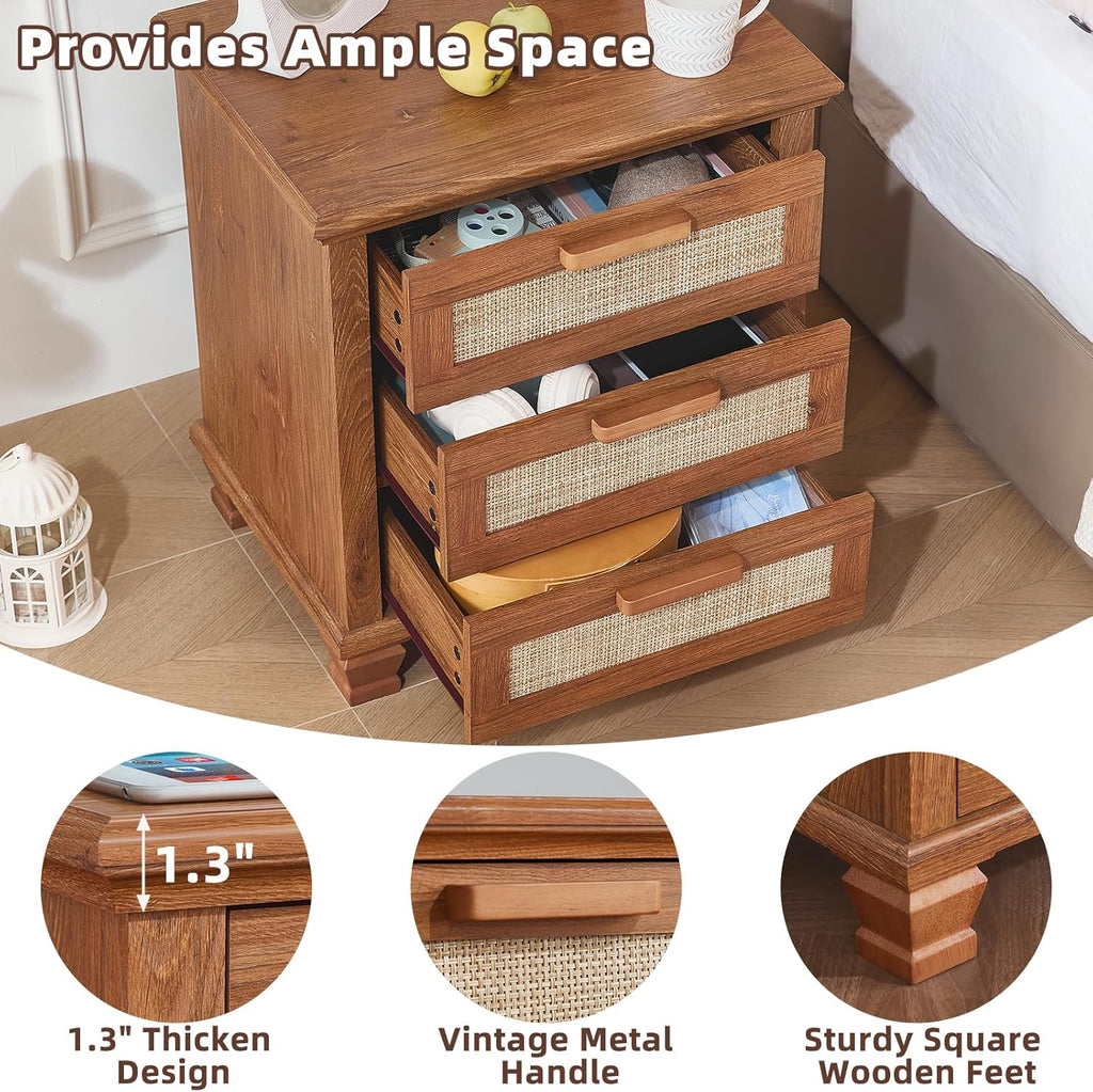 Tea brown nightstand showing open drawers with woven front panels