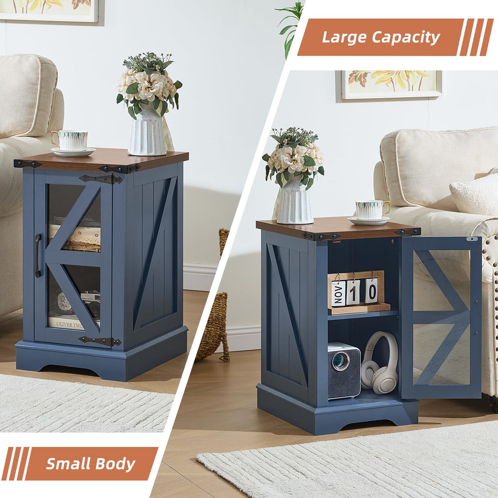 Blue barn-style side table with hinged doors and interior storage shelves