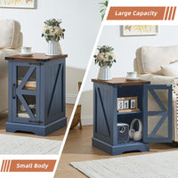 Blue barn-style side table with hinged doors and interior storage shelves
