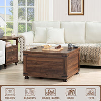 Brown wooden coffee table with hidden storage, lift-top lid, and paneled sides