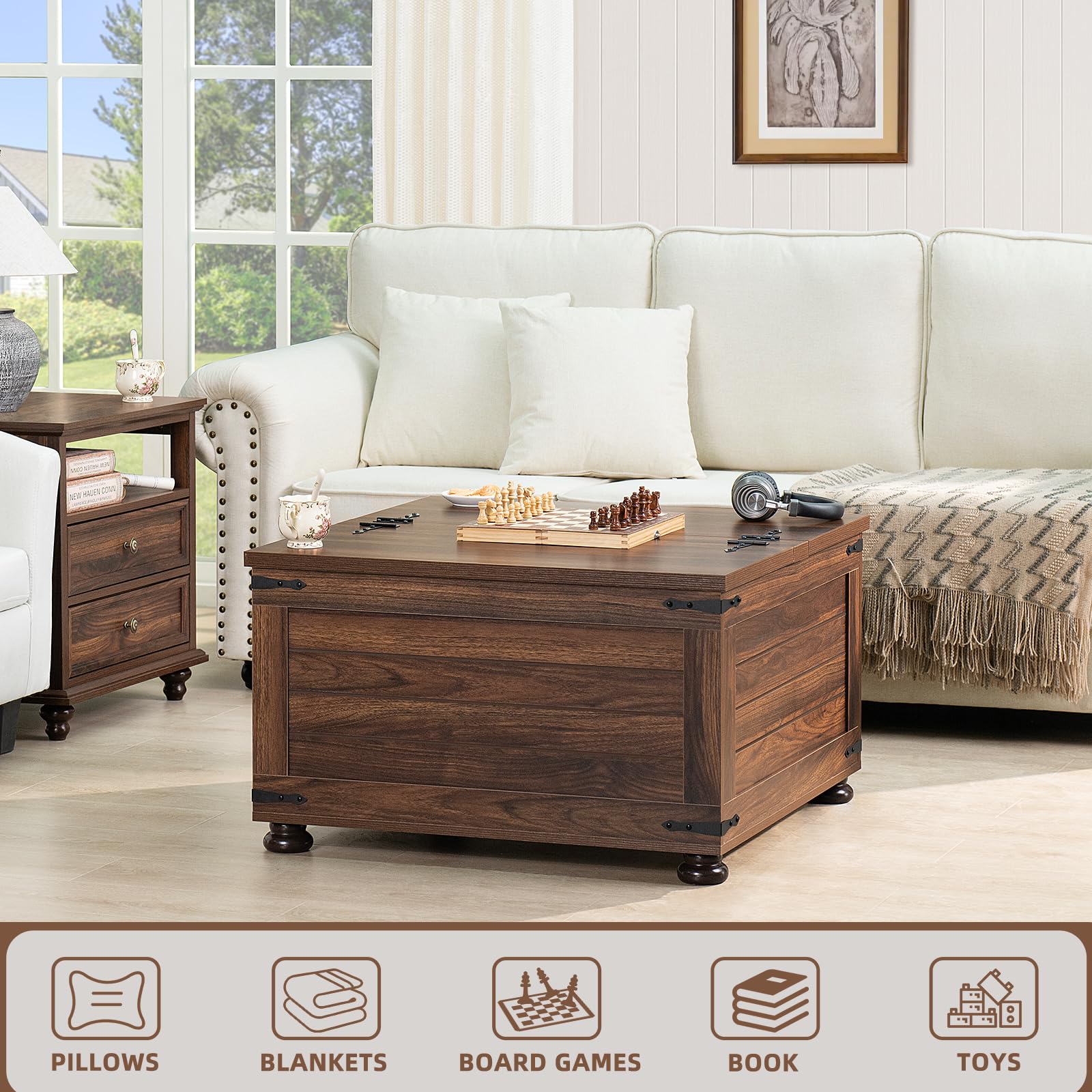 Brown farmhouse coffee table with hinged lift top and large hidden storage, front view