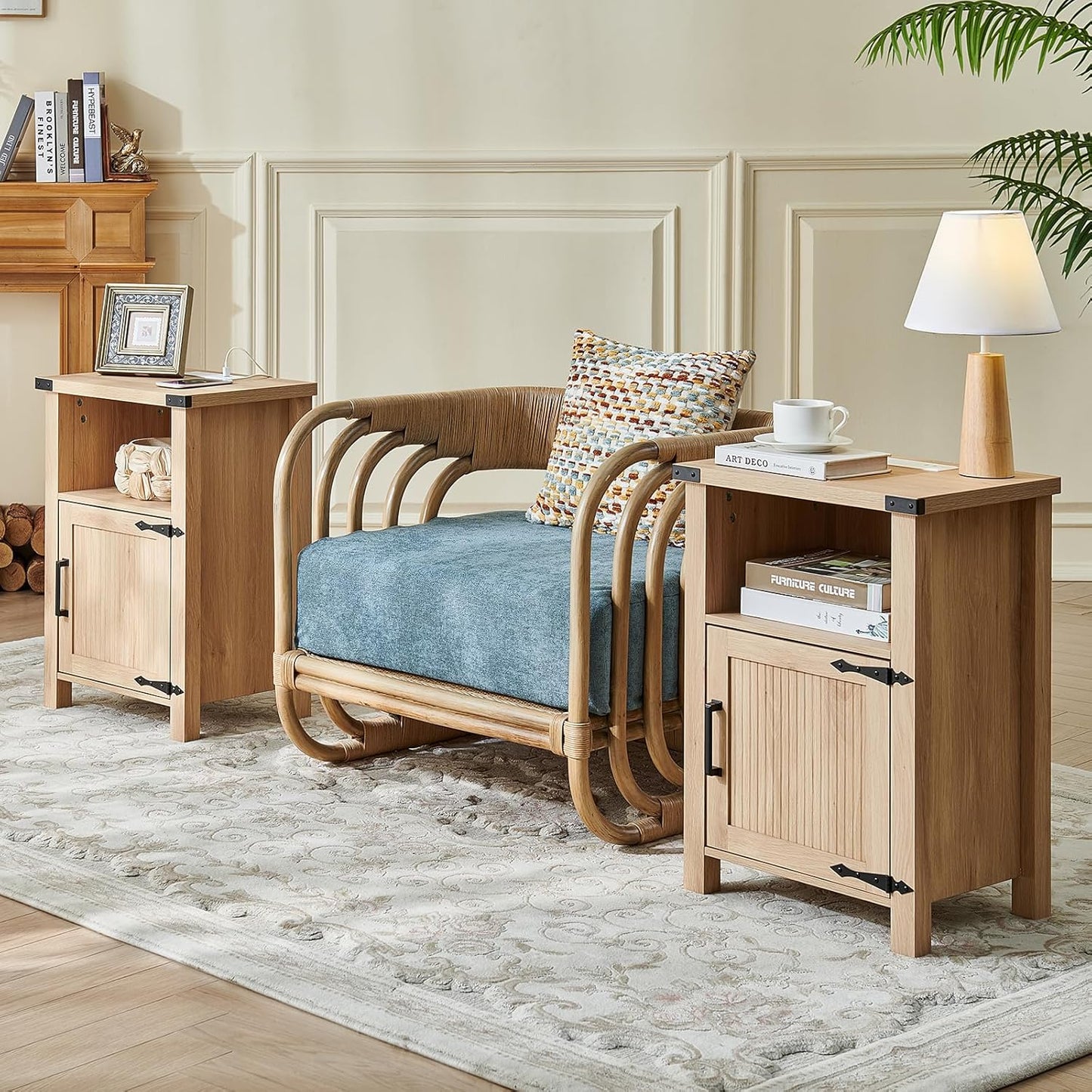 Joaxswe 18-Inch Nightstand with Charging Station and Fluted Door,Dark Blue | 18-inch bedside table with AC and USB charging, open storage and a magnetic fluted door for bedroom essentials
