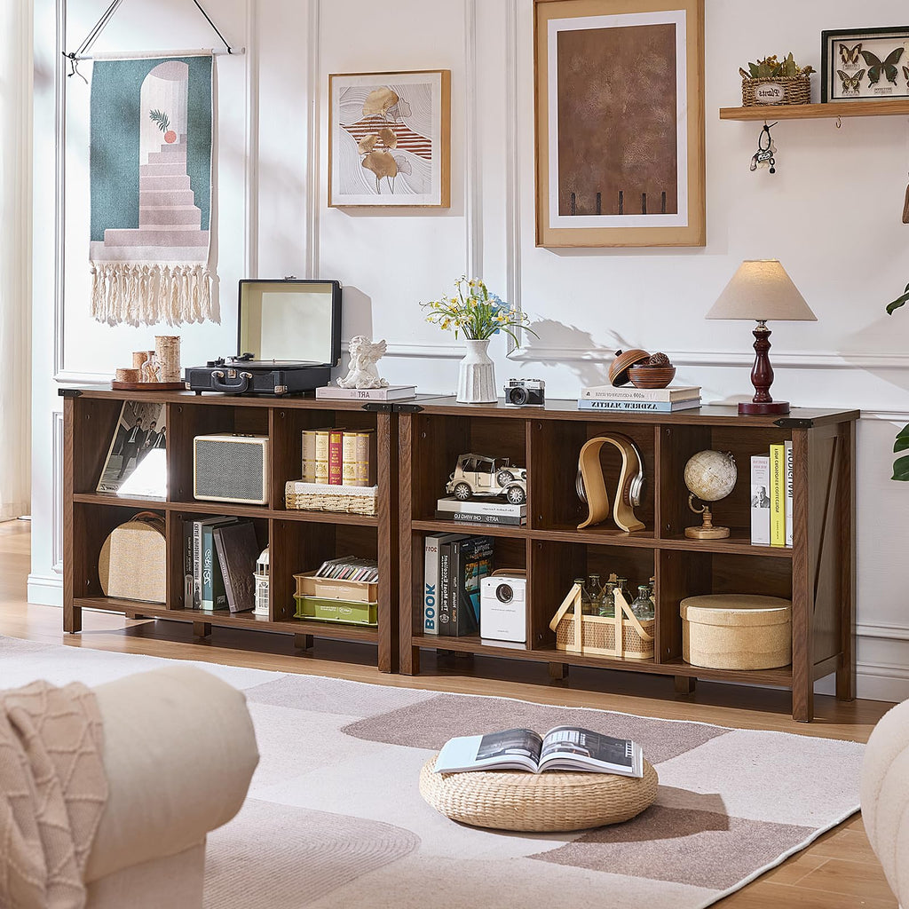 Wood farmhouse bookcase console with open storage cubbies and wide top for decor