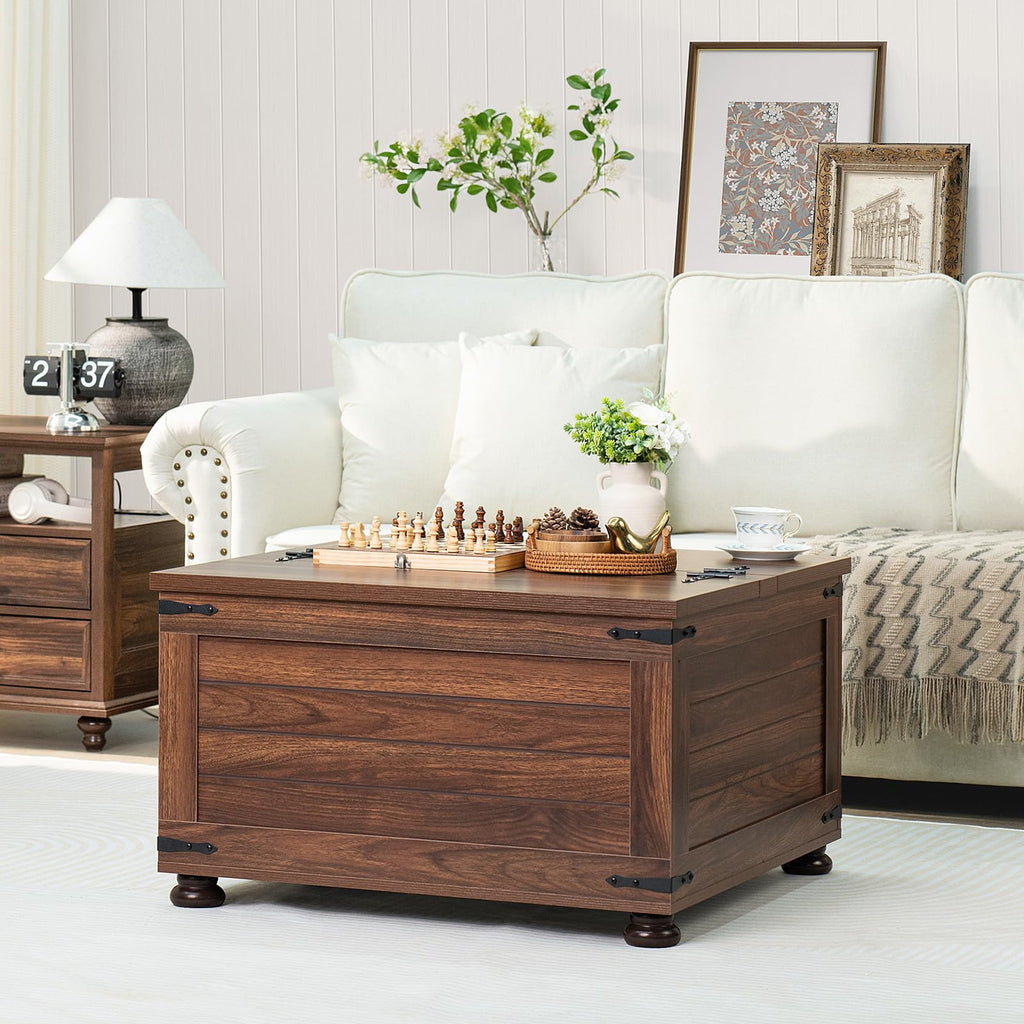 Square farmhouse coffee table with hinged lift top, rustic brown wood grain and side panels