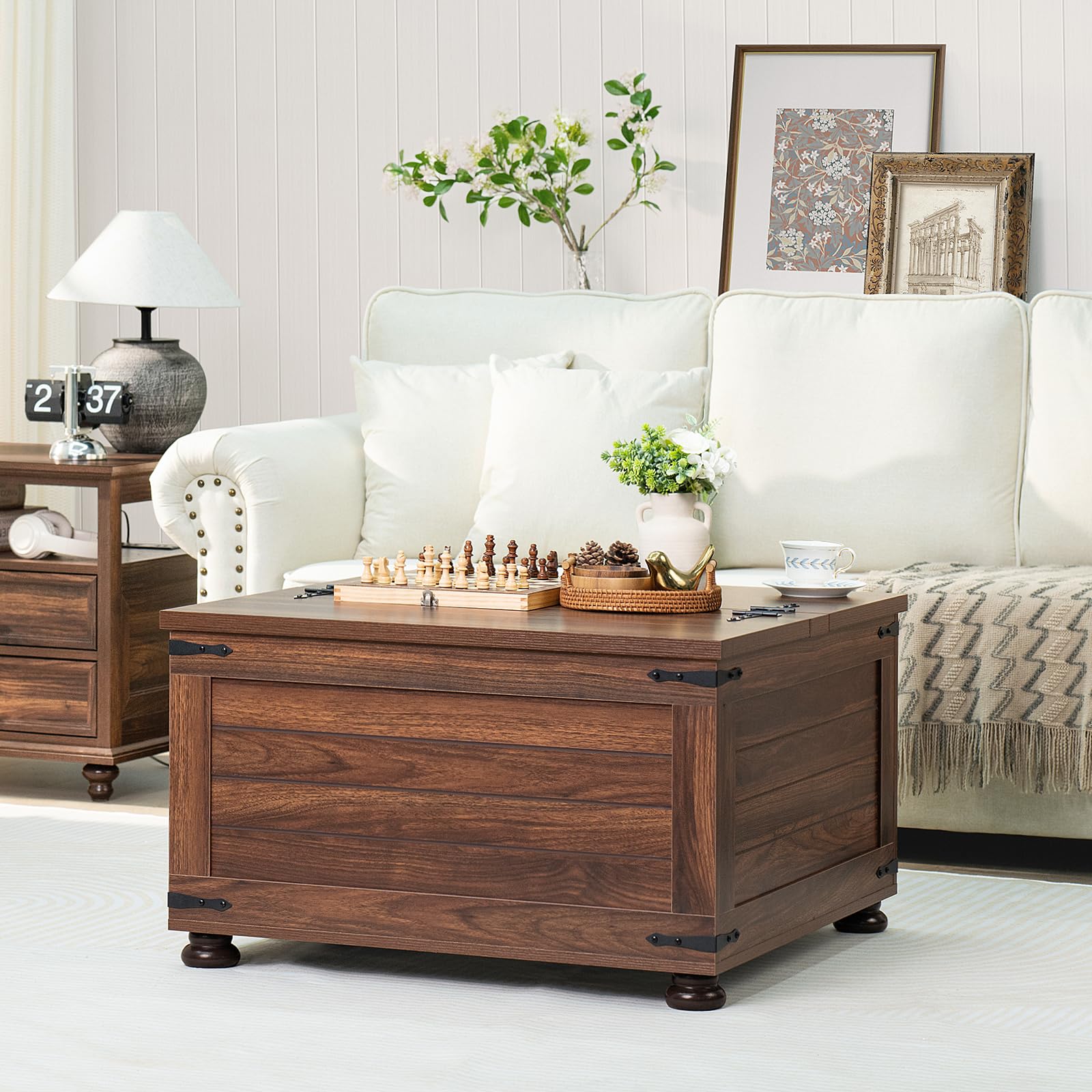Square farmhouse coffee table with hinged lift top, rustic brown wood grain and side panels