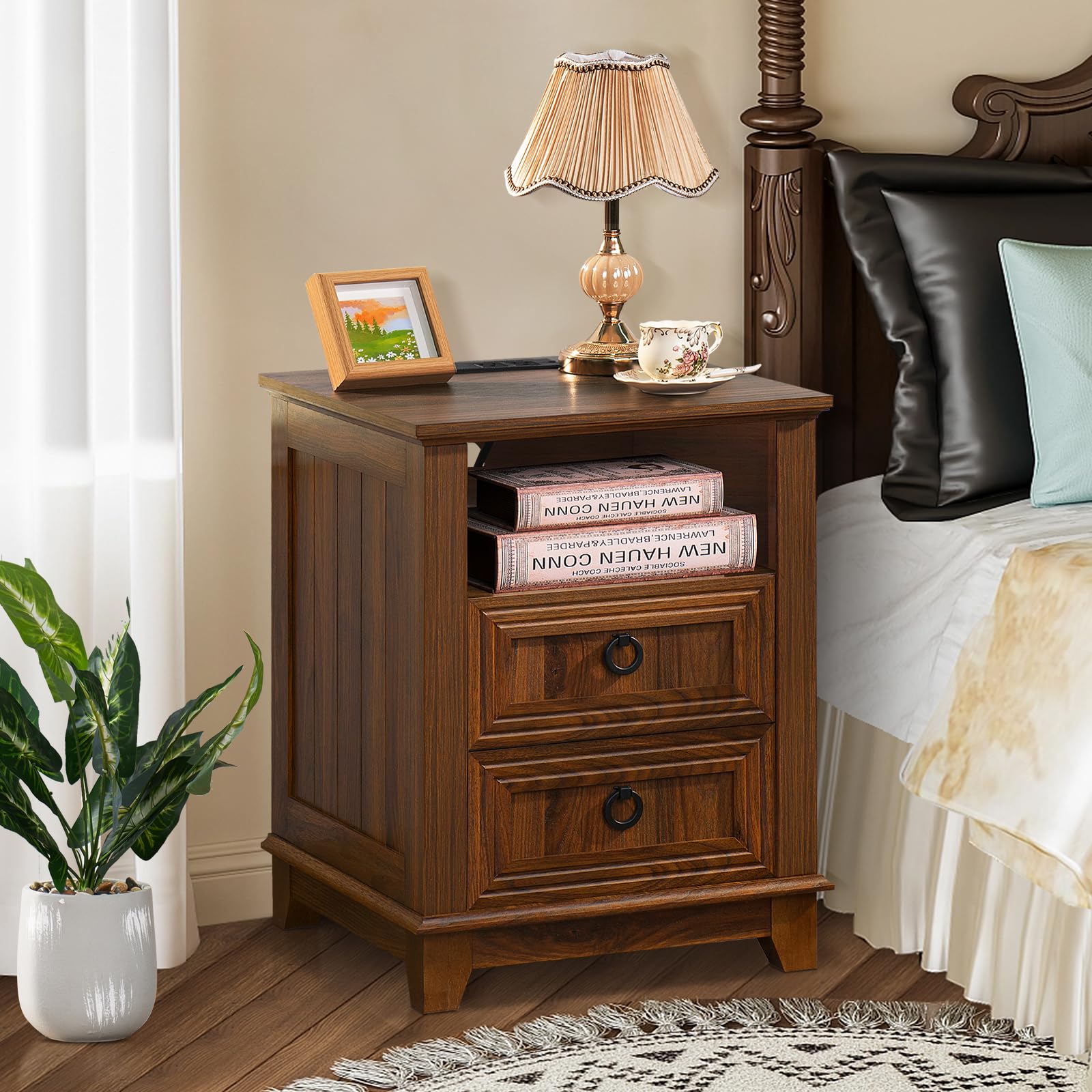 Wood nightstand cabinet with two drawers and metal ring pulls, dark finish