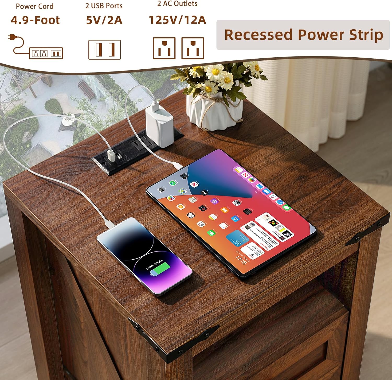 Dark brown nightstand top with recessed power strip, USB and outlets for charging
