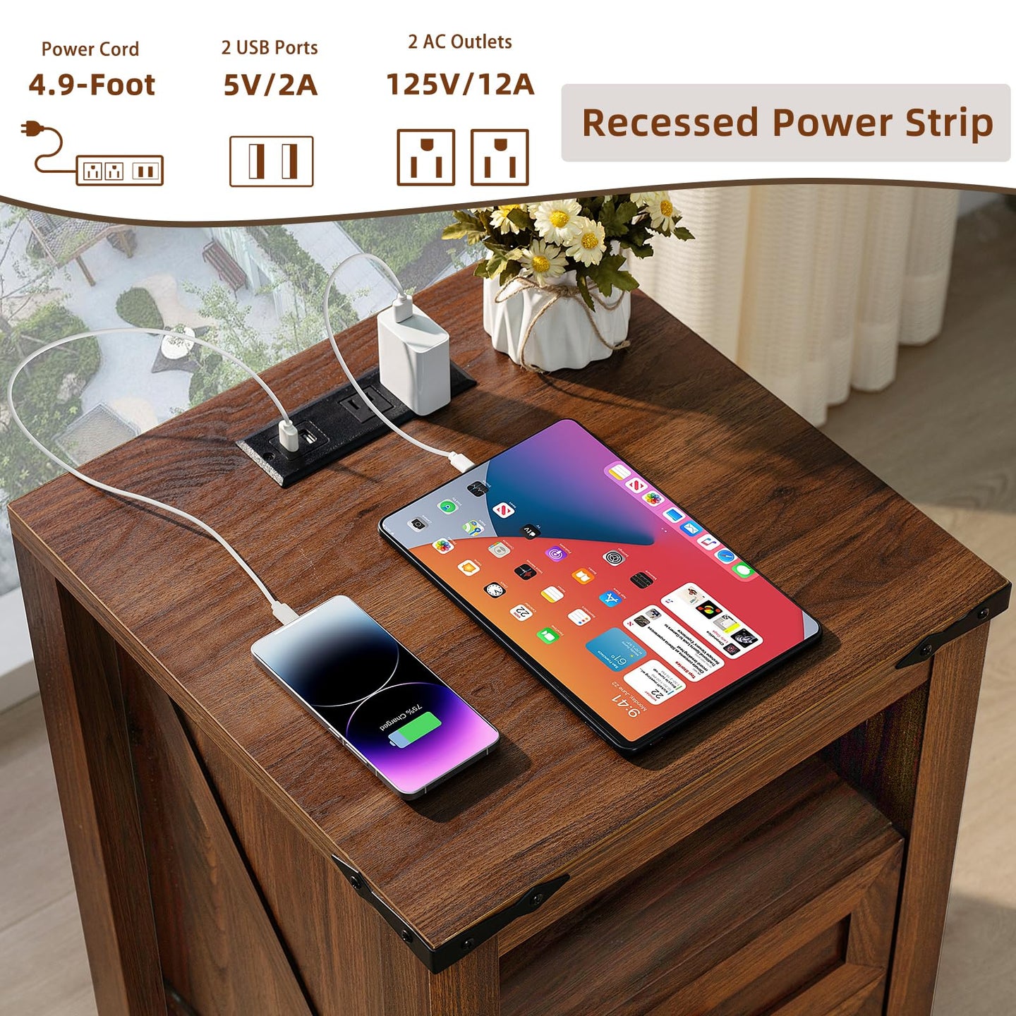 Brown nightstand with charging station and two drawers; power strip recessed on the tabletop.